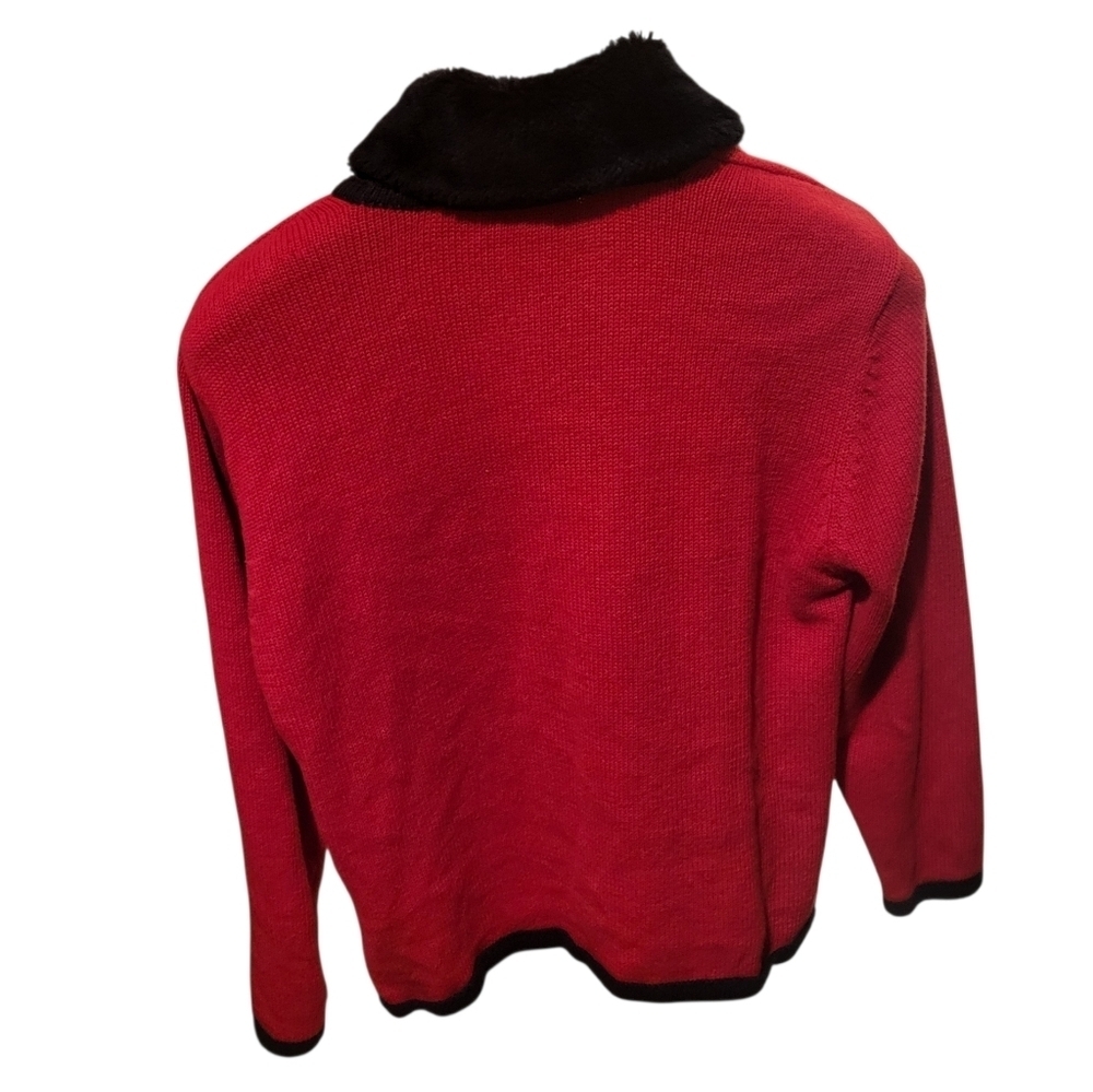 Vintage Crystal Kobe Sweater Red Scottie Dog Pawprint Black Faux Fur Size Small - Picture 3 of 7